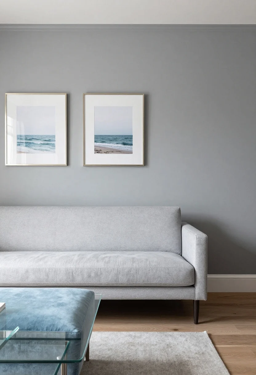 Medium shot: Misty cool gray walls and trim wrapped seamlessly, a low-profile pale gray sofa with visible legs, a powder blue velvet ottoman, a clear glass coffee table, and chrome picture frames on the wall; a single coastal print adds freshness; open silhouettes lengthen sight lines, soft natural light, photorealistic.