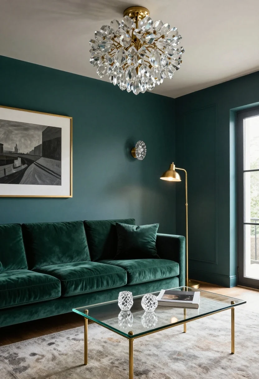Medium shot, moody jewel-box glam: compact living room painted in rich inky teal, forest green velvet loveseat, brass-framed art, smoked glass coffee table; faceted crystal sconces on walls sparkle; jewel-like flush ceiling fixture with faceted or smoked glass petals twinkles overhead; sleek brass pharmacy floor lamp beside loveseat for reading; a soft-bulb picture light illuminating artwork; high-contrast, dramatic yet cozy atmosphere; corner angle; photorealistic reflections and shimmer.