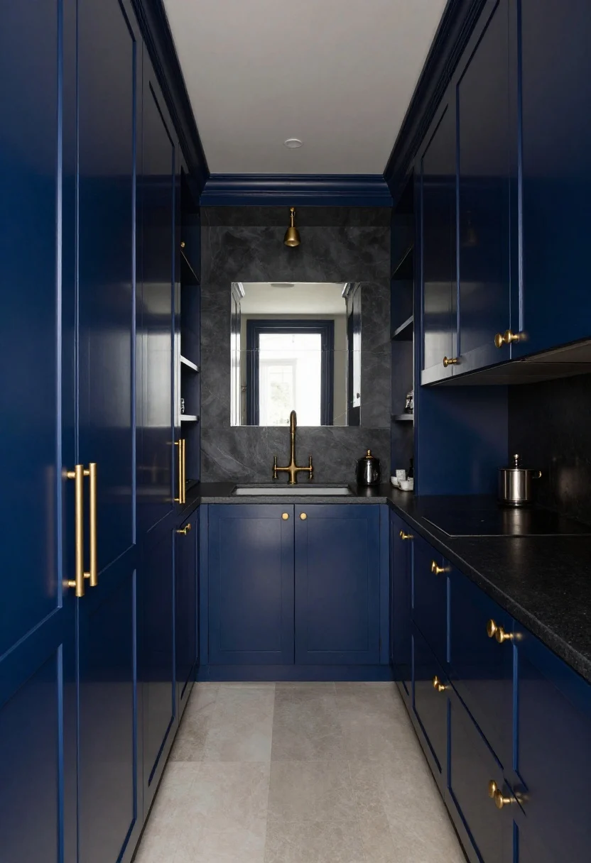 Medium shot, Moody Midnight Galley: narrow corridor kitchen with ink-blue high-gloss cabinets reflecting light, thin black stone counters, and a smoked mirror backsplash that visually doubles depth; antique brass pulls, a pair of mini brass library lights over the sink, under-cabinet strip lighting to eliminate shadows; full-height pantry tower with pull-out shelves visible at one end; slim runner in charcoal and cream along the floor; palette of ink blue, black, brass, smoked gray; dramatic yet luminous mood, angled galley perspective, photorealistic.
