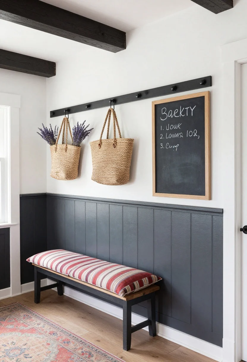 Medium shot of a high-contrast farmhouse hall: board-and-batten on lower walls painted soft charcoal with white above; a black barn-style flush mount overhead; shaker peg rail along the wall with woven market tote and dried lavender bunches hanging; narrow farmhouse bench beneath with striped cushions; antique-style faded red rug runner; chalkboard/enamel message board for notes; finishes: painted wood, iron, woven cotton; bright, clean daylight.