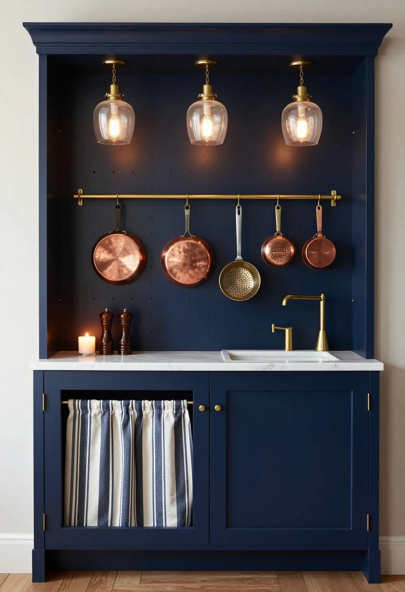 Medium shot of a Moody Bistro range wall: deep navy full-height painted pegboard perfectly fit between two cabinets, brushed brass pegs holding copper pans, colanders, and curated tools; compact marble shelf beneath the hood with pepper mills and a lit candle; trio of milk-glass pendants overhead casting warm, cozy light; striped cafe curtain under the sink hiding storage; palette of navy, brass, white marble, and copper; straight-on angle, rich, dramatic ambiance.