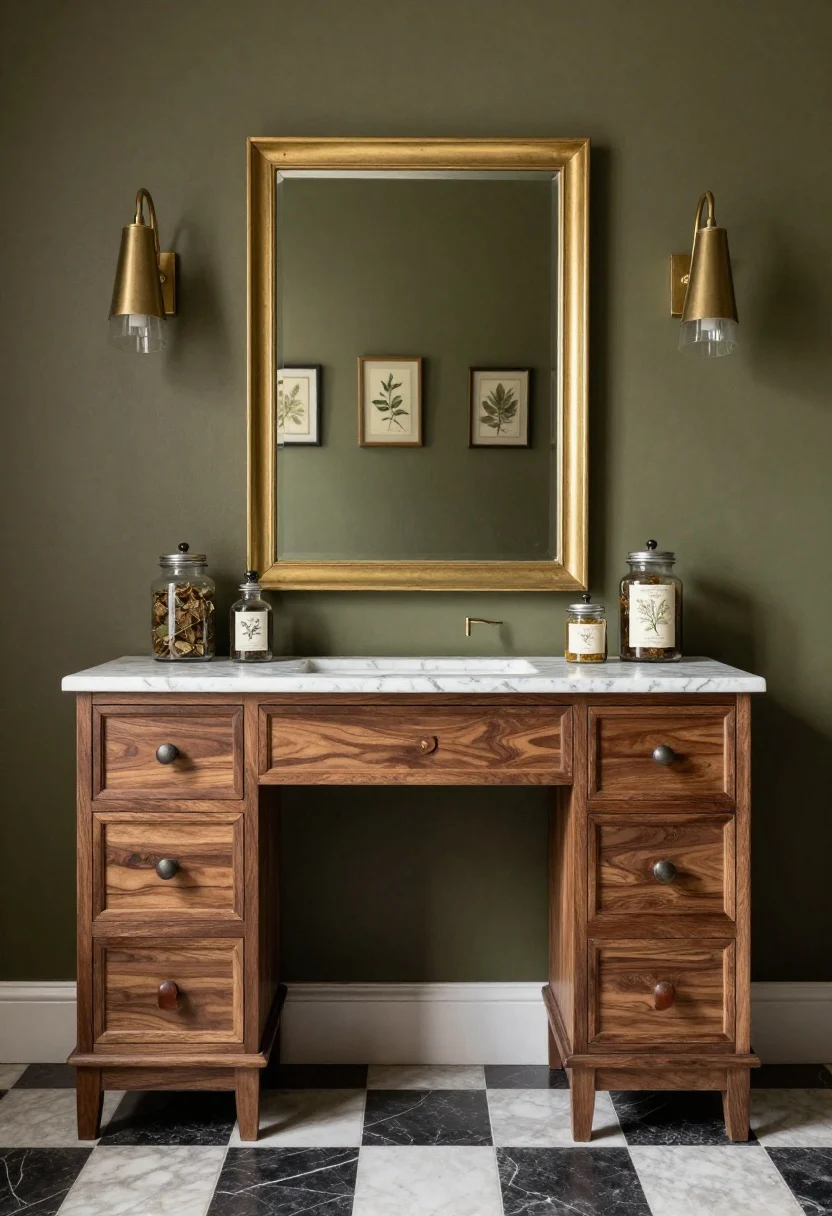 Medium shot of a walnut-stained vanity with faux-apothecary drawer fronts (actually two deep drawers) topped with veined marble. A rectangular brass-rimmed mirror above, flanked by adjustable library sconces angled downward. Deep olive wall color and tiny checkerboard floor tiles (black and white) for a heritage mood. Styled with apothecary jars, botanical prints on the wall, and leather pull tabs on drawers. Moody, directional lighting for old-world ambiance.