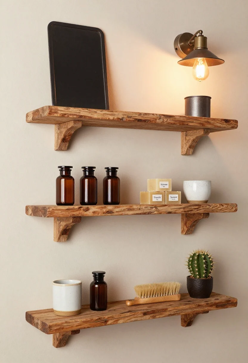 Medium shot of an urban apothecary vignette: three shallow reclaimed wood ledges with front lips on mushroom taupe walls, stocked with neatly labeled amber jars for salts, soaps, and skincare. Add a ceramic shaving mug, a bristle brush, and a tiny cactus. Include a rectangular black metal mirror and an edison-bulb sconce with a metal shade casting warm, vintage glow; textures of weathered wood and glass emphasized.