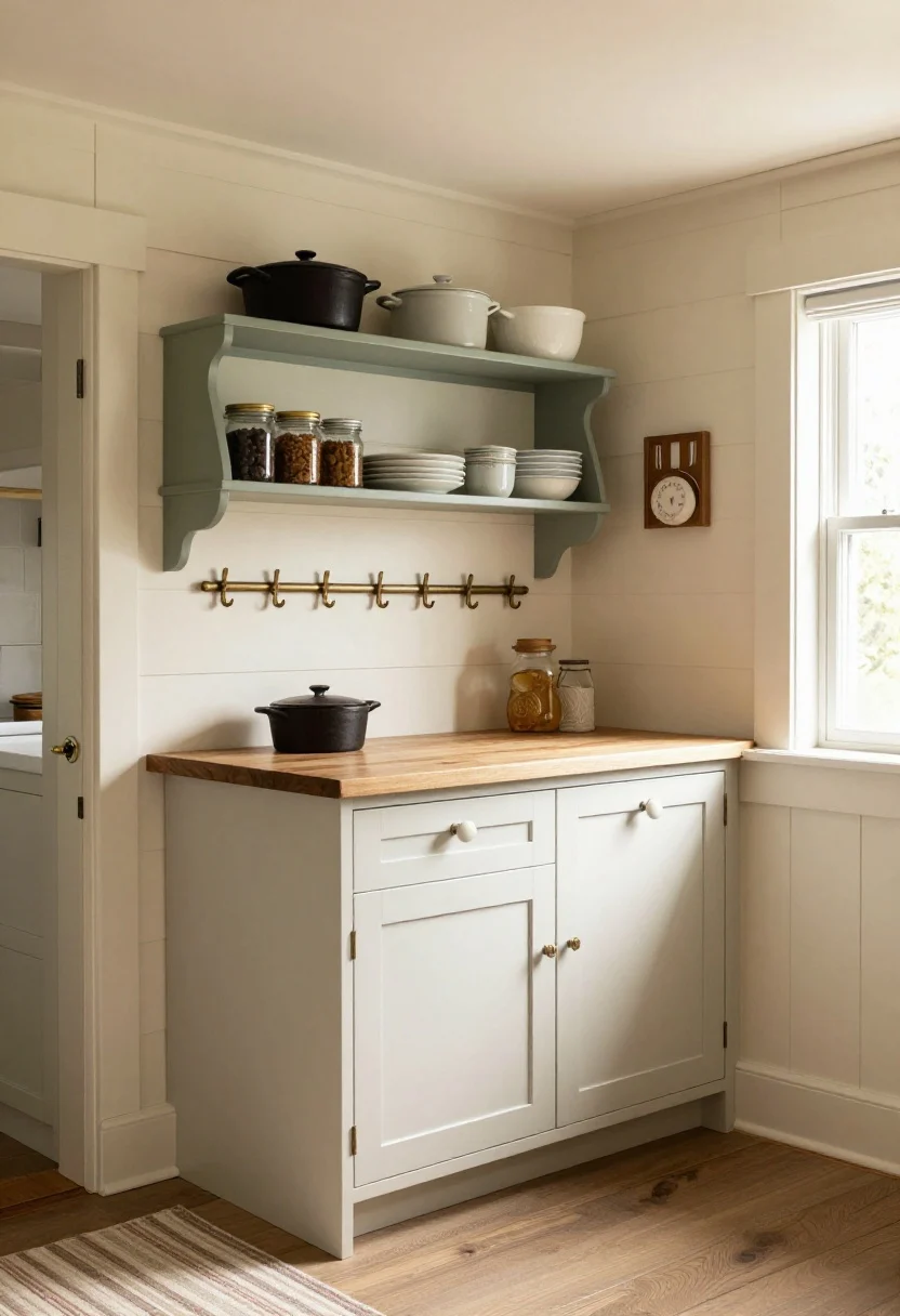 Medium shot of Cottage Charm island zone: buttermilk-painted cabinetry, creamy shiplap walls, warm butcher block counters; ceiling-mounted pot rack over a narrow island holding cast iron and stockpots; plate rail above the backsplash displaying everyday dishes and pie plates; a freestanding sage-green hutch with baking jars; worn brass hooks, porcelain knobs; striped runner on the floor; warm, homey light from a nearby window; cozy, character-rich mood.