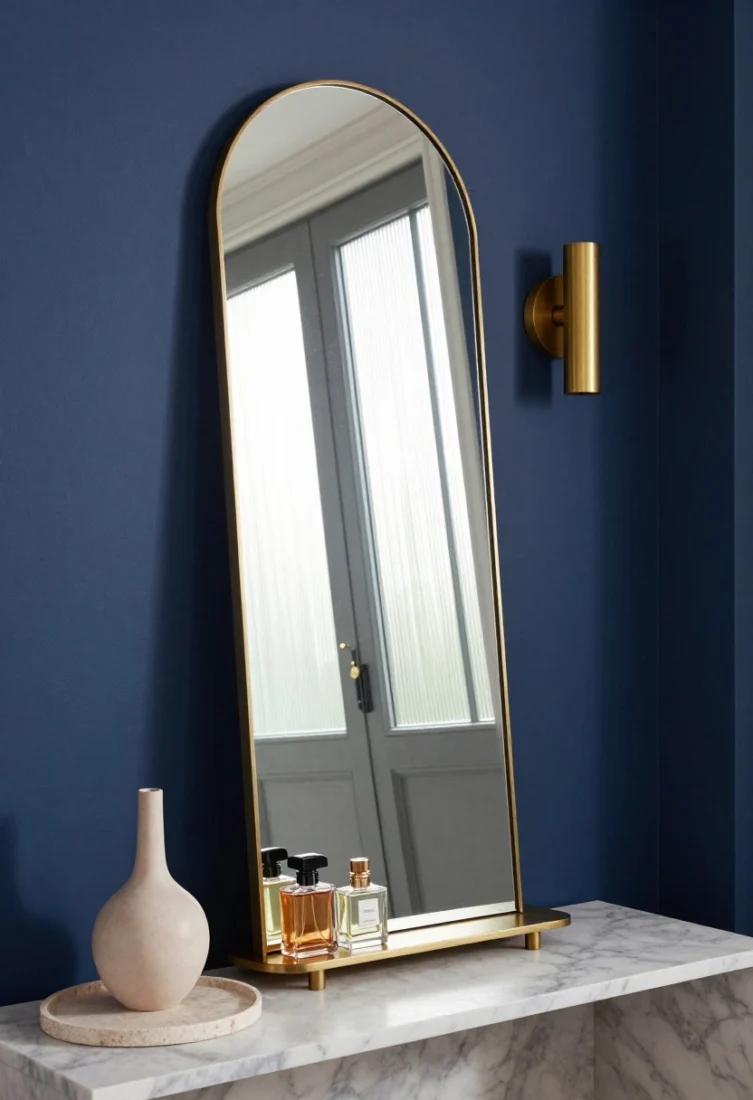 Medium shot, off-center angle: A slim, elongated rectangular ribbon-style mirror with an integrated unlacquered brass ledge holding a petite stone tray, a bud vase, and perfume bottles, set against satin-finish deep navy walls. A reeded glass pocket door glows softly, diffusing light. A single offset brushed-brass sconce to one side adds asymmetry. Include polished marble accents, soft white trim, and refined styling for a premium, modern-luxe mood.