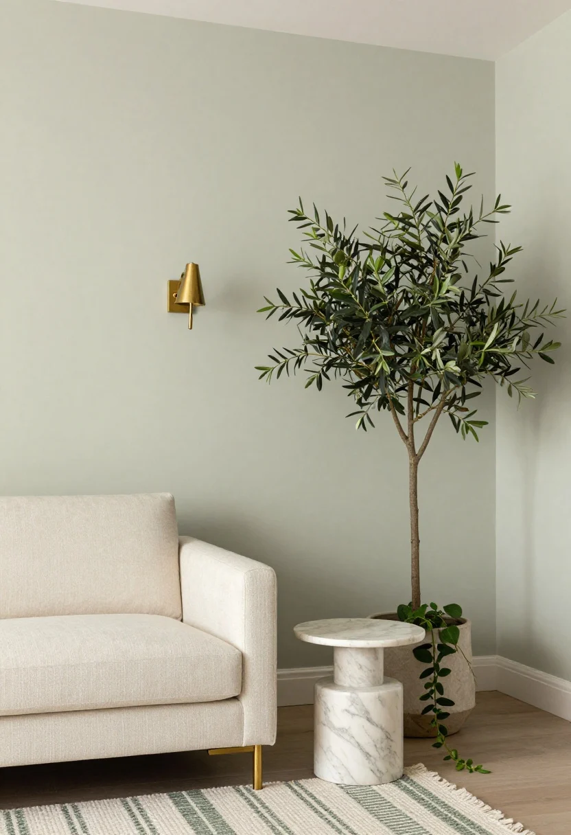 Medium shot: Pale sage walls with a cream sofa, brushed brass fixtures (a brass picture light and brass accents), a marble-topped side table, and a cream-and-sage striped flatweave rug; an olive tree in a ceramic planter and trailing pothos add layered greens; gentle daylight, airy depth, photorealistic.