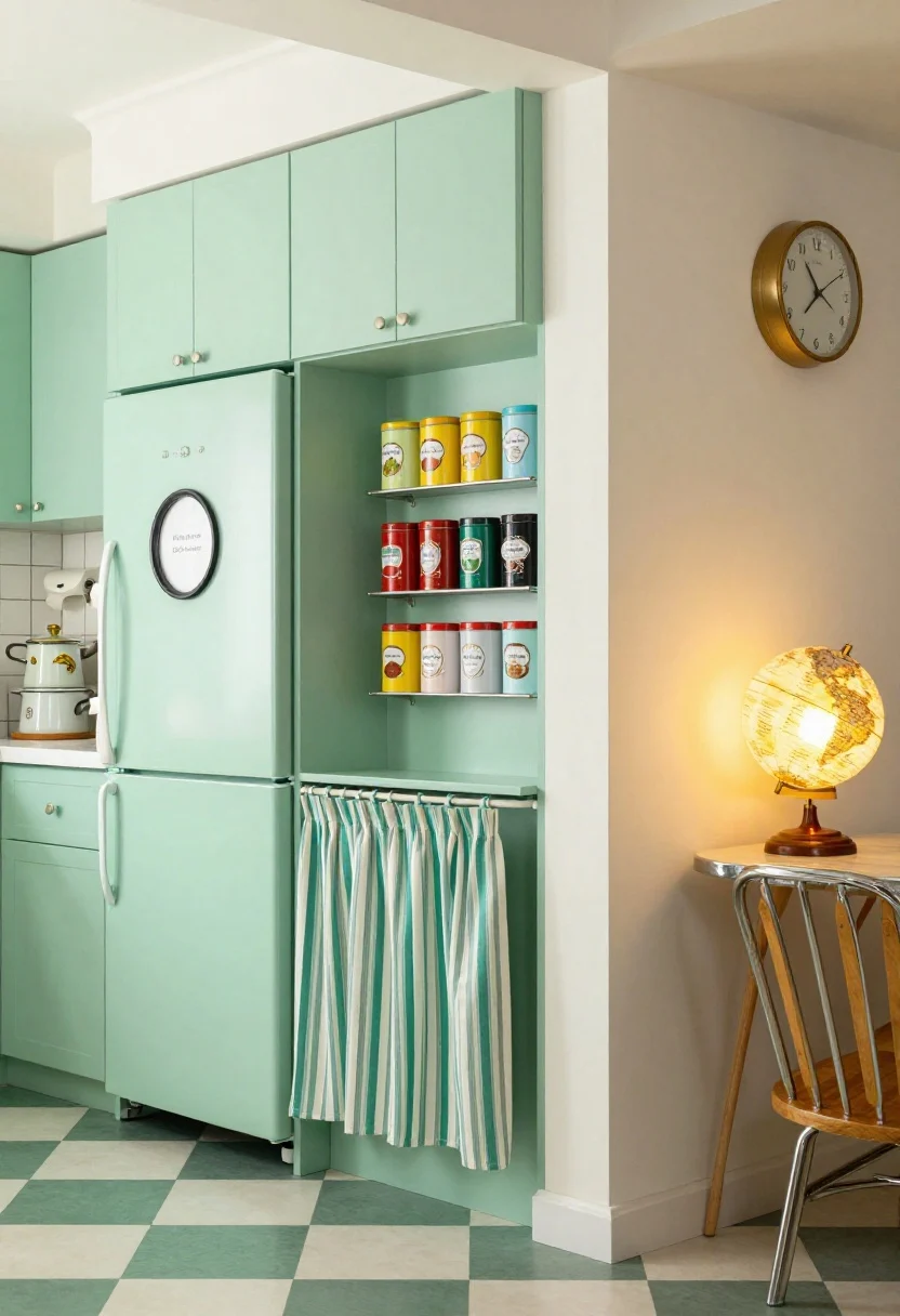 Medium shot, Retro Color Pop corner: mint green cabinets, checkerboard vinyl floors, chrome-edged cafe table; magnetic spice system on the side of the fridge—uniform tins arranged in a tidy color gradient with custom labels; under-sink striped fabric curtain on a tension rod concealing bins; wall-mounted paper towel arm, stacked enamelware, and a retro clock; schoolhouse globe light with warm LED glow; playful, diner-inspired vibe with crisp details.