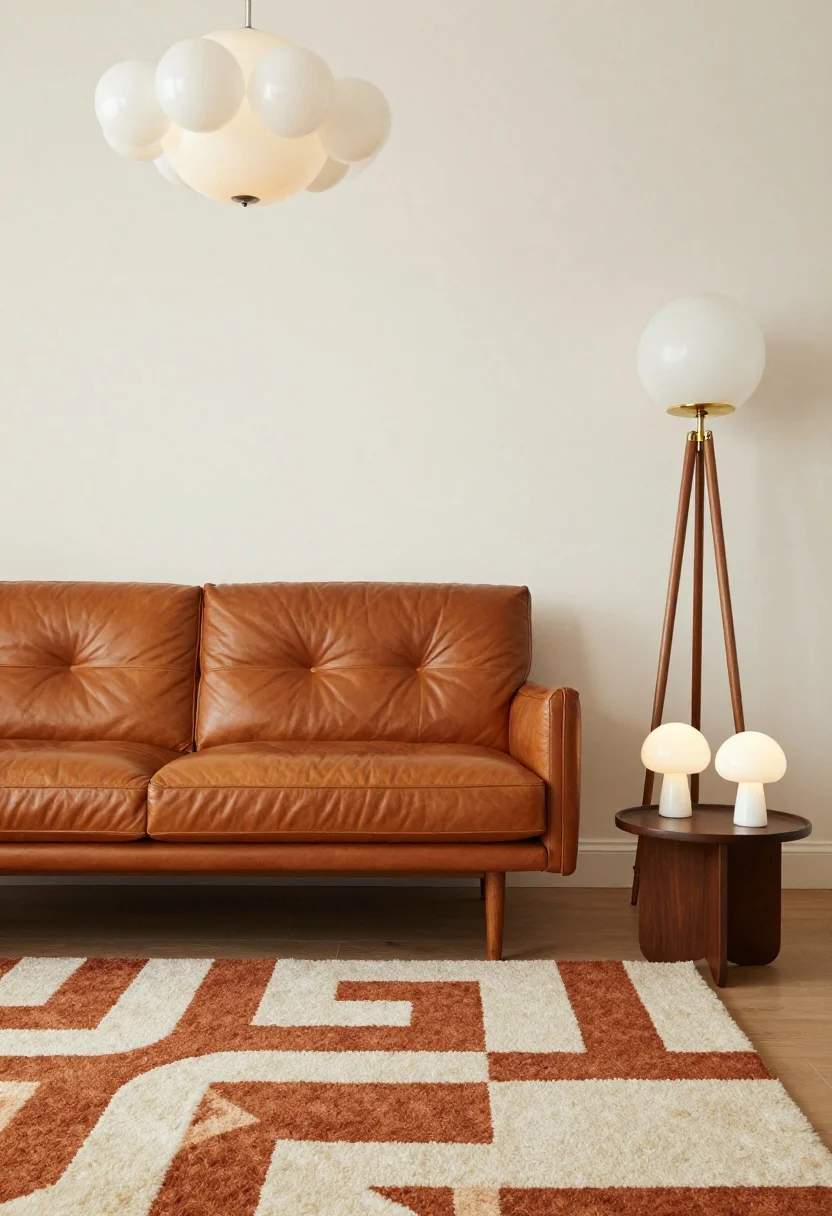 Medium shot, retro mid-century with opaline bloom: camel leather loveseat, walnut sideboard, geometric wool rug in rust and cream, tulip side table, curved plant stand; a multi-globe opaline flush mount casts even 60s-inspired light; walnut-and-brass tripod floor lamp adds sculptural height; two petite mushroom lamps on the sideboard echo the globes; warm white bulbs make the leather glow; rounded shapes repeated for cohesion; straight-on composition; photorealistic.
