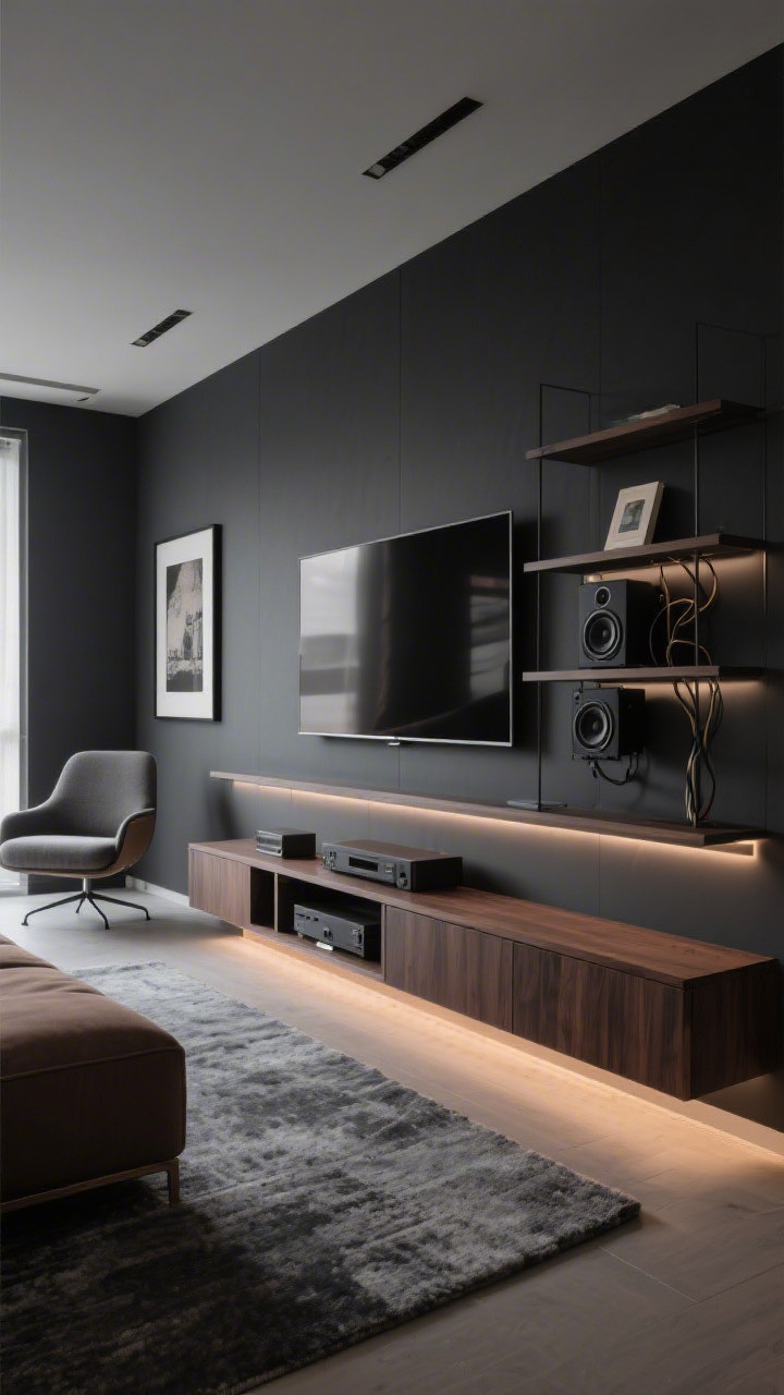 Medium shot, side angle along the media wall: Smart small-space media setup with a floating wall-to-wall media shelf corralling speakers and consoles with hidden cable management; a frame-style TV centered above reading like art; opposite a compact chaise sofa with built-in storage and a thin-profile swivel chair near the far end; dark, low-contrast palette—charcoal walls, graphite rug, espresso wood; subtle LED strip lighting under the media shelf for a modern glow.