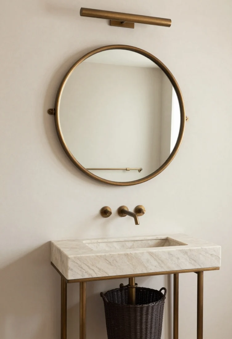 Medium shot, slightly low angle: A large round pivoting porthole mirror with a chunky oil-rubbed bronze frame and side brackets over an ivory plaster wall. Below sits a narrow marble console sink with exposed legs; a linear picture light above adds a gallery moment. A dark woven basket beneath the console grounds the palette and links to the bronze frame. Plaster ivory, deep bronze, and natural linen tones deliver sculptural modernity in a luxe editorial finish.