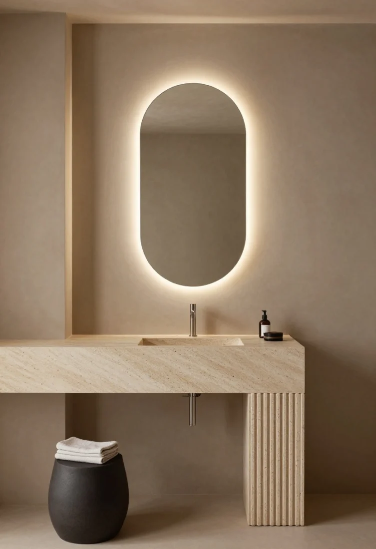 Medium shot, soft-front view: A frameless oval mirror with integrated backlighting glowing over silky taupe Venetian plaster walls. Below, a ribbed limestone countertop with an integrated sink; a wall-mounted faucet keeps the surface pristine. Under-cabinet toe-kick lighting creates a floating vanity effect, while a matte charcoal ceramic stool sits nearby holding folded towels. Spa-minimalist, layered lighting with tactile stone and plaster in a serene, high-end atmosphere.