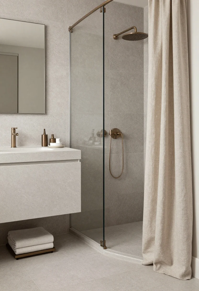 Medium shot: Soft monochrome greige bathroom where a single greige stone-look tile wraps floor-to-shower in large formats; a wall-hung microcement vanity with an integrated basin reads monolithic and seamless; brushed nickel/champagne bronze fixtures add a gentle glow; a simple rectangular mirror, oatmeal linen shower curtain, and a small ceramic tray with essentials sit quietly in a warm, subdued light.
