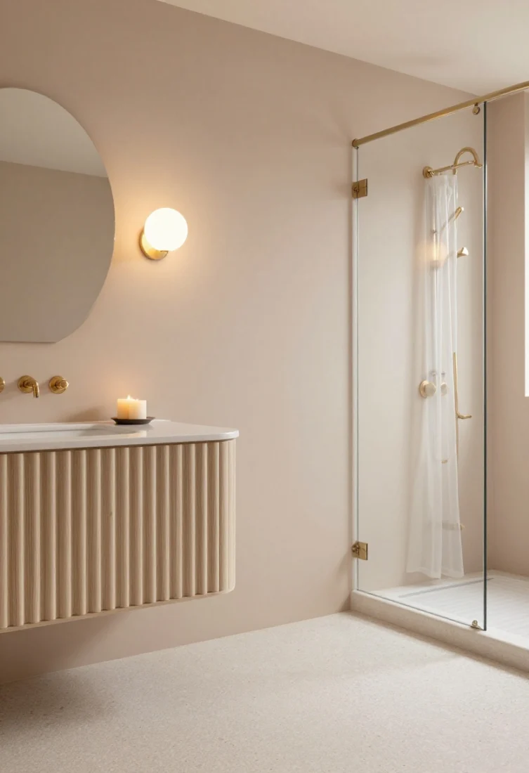 Medium shot, softly styled: Walls washed in barely-there blush nude, warm white terrazzo floor underfoot, champagne-bronze fixtures, and a pale oak fluted-front vanity. Scalloped-edge frosted globe sconces with warm dimming create a candlelit effect. Clear shower glass and a gauzy curtain for softness where privacy allows. Feminine-modern, radiant, and refined with delicate metallics and premium finishes.