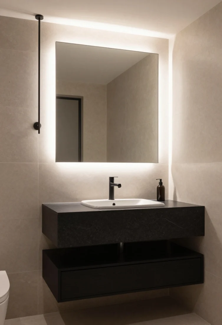 Medium shot, straight-on: A mirror-walled jewel box bathroom where a full-wall seamless mirror sits within a perimeter LED cove washing soft continuous light; a floating matte black oak vanity with concealed toe-kick LEDs and a petite glossy white porcelain vessel sink on a dark soapstone slab; pale limestone large-format tiles; a needle-thin linear pendant dropping before the mirror and doubling in reflection; luxe, restrained palette with elevated materials and perfectly styled countertop, photorealistic.