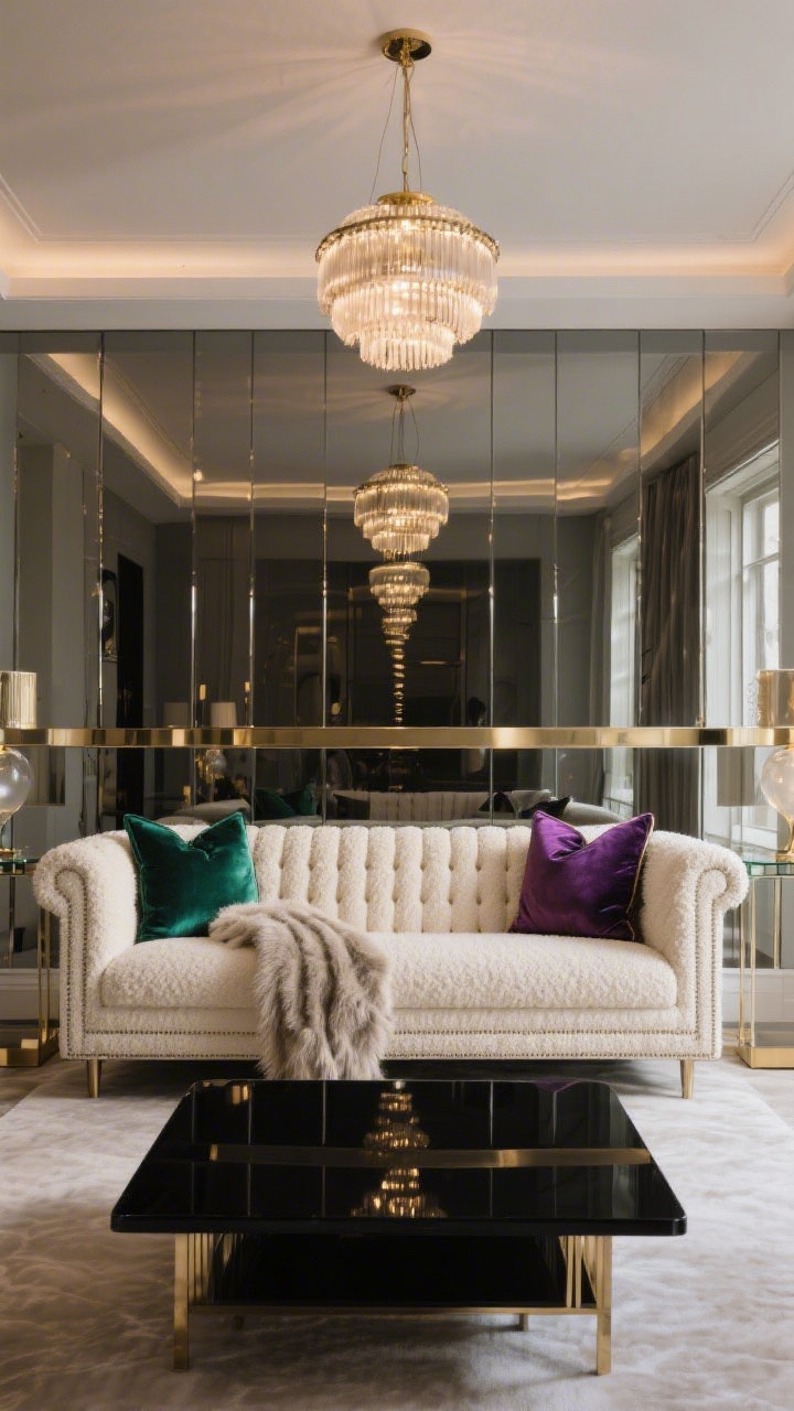 Medium shot, straight-on glam focus: Luxe linear glam with a cream bouclé tuxedo sofa facing a channel-tufted bench; a narrow brass-and-glass console floating along the wall reflecting light; high-gloss black lacquer coffee table centered; smoked mirror panels on the short wall bouncing depth; jewel-toned pillows in emerald and amethyst, a mohair throw, and a globe chandelier running down the center like a runway; polished evening lighting.