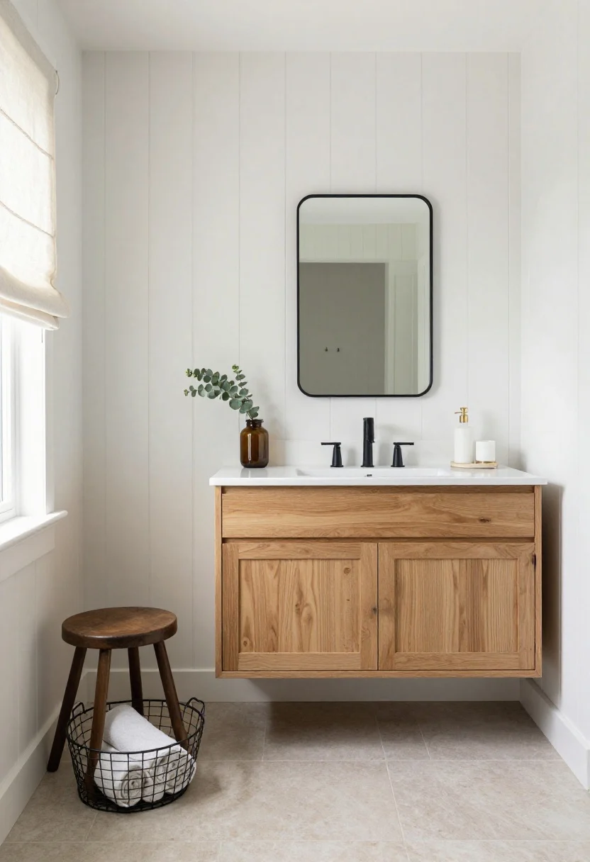 Medium shot, straight-on: Modern farmhouse minimal bathroom with vertical shiplap in soft white, a warm maple vanity with simple shaker fronts, and a slim black-framed mirror; matte black hardware remains delicate; slate-look porcelain floor anchors the space; a linen roman shade filters light; a small vintage-style stool and a wire basket with rolled towels sit beside a jar with a eucalyptus sprig, all clean-lined and unfussy.