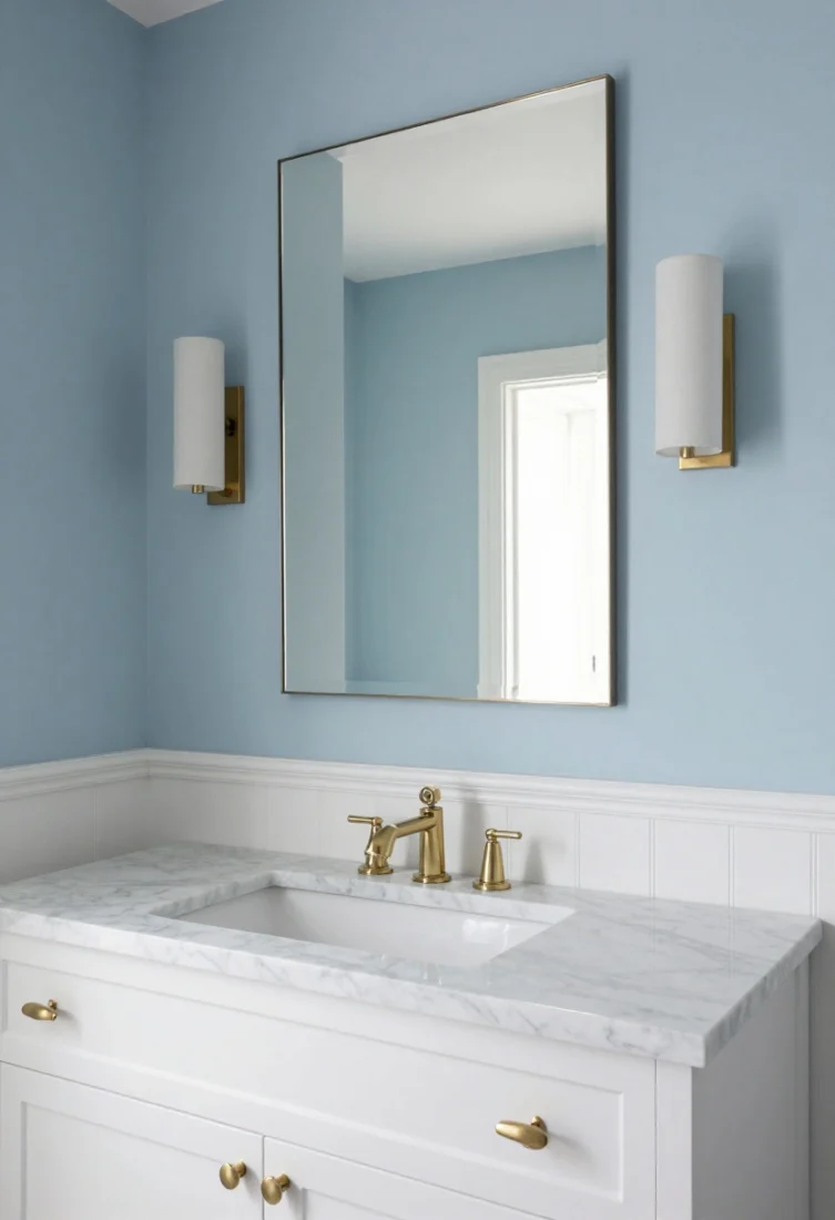 Medium shot, straight-on: Upper walls in whisper-pale blue with glossy white beadboard wainscoting below, a tall mirror extending upward to emphasize height, and polished nickel hardware throughout. Carrara-look quartz vanity top, paired vertical linen-shade sconces flanking the mirror for balanced face lighting. Tight grout lines, classic spa airiness with heritage notes, premium finishes, subtly reflective surfaces, and an aspirational, refined composition.