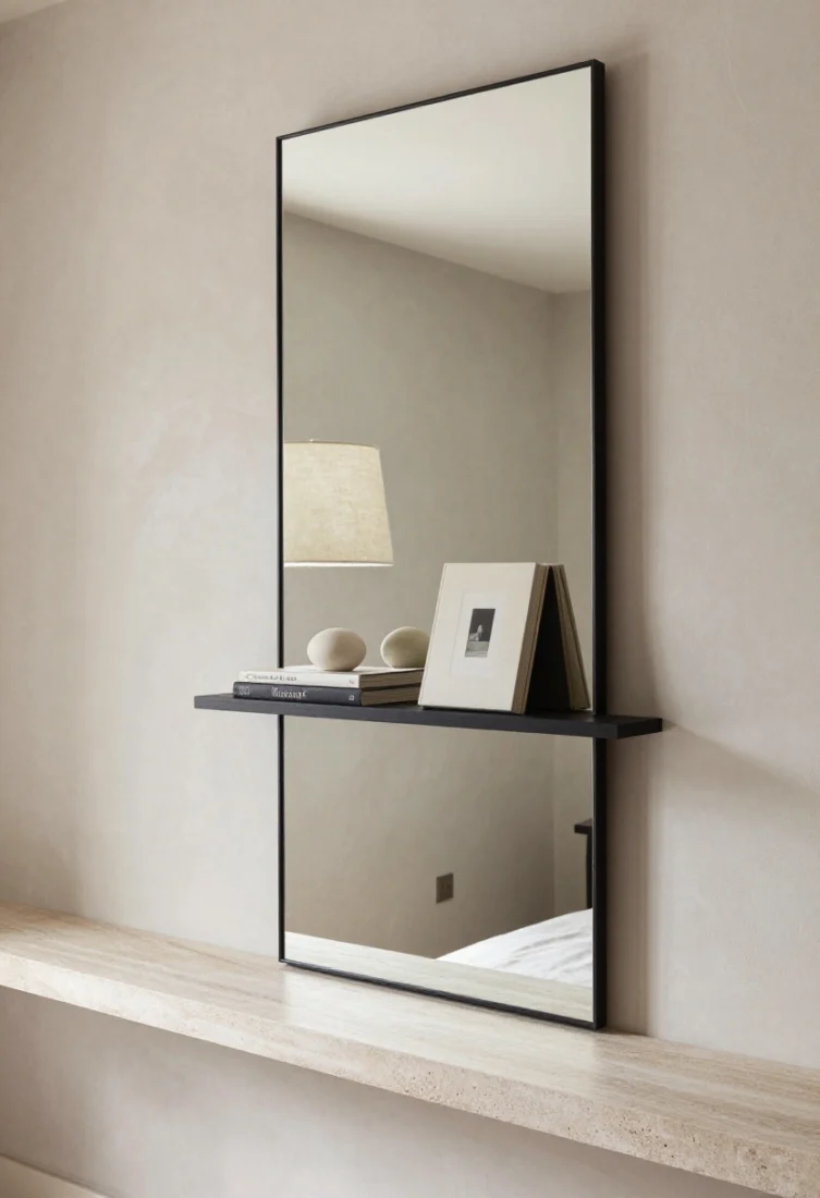 Medium shot, symmetrical composition: A shelf-to-ceiling stack concept with a deep honed stone ledge as backsplash, a narrow rectangular mirror running from ledge to ceiling, and a slim open shelf above holding art books and a single ceramic piece. Thin blackened steel frames trim the mirror and shelves, while textured tadelakt walls provide a clay-neutral backdrop. A linen shade sconce is seen in the mirror’s reflection, adding softness over structure; bone white accents, editorial and refined.