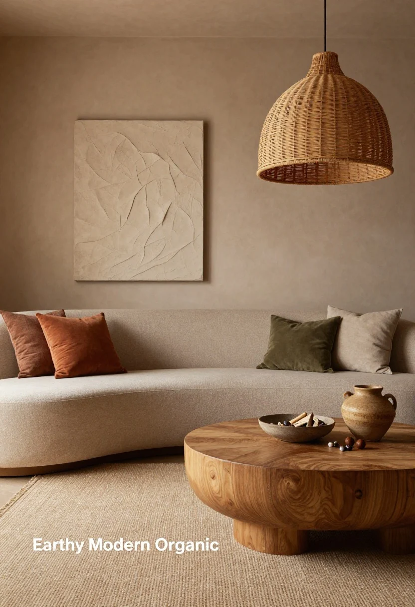 Medium shot, tactile focus: “Earthy Modern Organic” with muted clay/putty walls and rounded silhouettes—a curved loveseat, a wood or plaster drum coffee table, and a woven rattan pendant. Layered neutrals accented with terracotta and olive pillows and ceramics. Thick wool rug underfoot; plaster-look textured artwork above the sofa. Low bowl with palo santo or beads on the table. Matte, tactile finishes, warm grounded light.