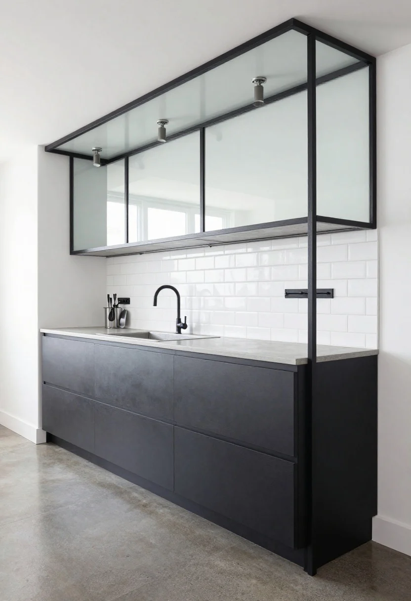 Medium shot, Urban Glass-and-Steel Loftette: compact loft-style kitchen with smoked glass uppers framed in black steel, flat-face charcoal lowers, concrete-look counters; white subway tile backsplash stacked vertically to add height; slim pot rail with hanging utensils, magnetic knife strip above counters; industrial sconces above an open shelf, matte black pull-down faucet at the sink; large-format polished concrete-look floor tiles; crisp architectural lines, side-angle perspective, photorealistic.
