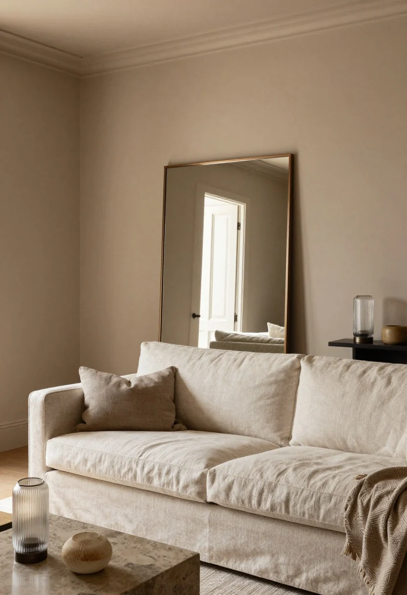 Medium shot: Warm taupe envelopes walls, baseboards, and door for a cocooning effect; a natural linen sofa, taupe-and-ivory rug, and aged bronze accents; an oversized mirror with a thin bronze frame bouncing light; ribbed glass lamp and a travertine side table add subtle luxury; soft, even lighting, photorealistic.