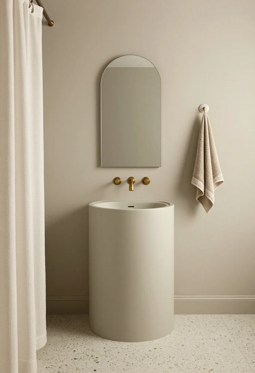 Medium shot with soft curves: Serene sage box bathroom drenched tone-on-tone—walls, trim, and vanity all matte sage; a rounded pedestal sink and curved-edge mirrors maintain gentleness; polished brass fixtures add warm highlights; floor in pale terrazzo with green and cream flecks; an off-white waffle shower curtain and a single ceramic wall hook hold a moss-striped towel; lighting is soft and diffuse.