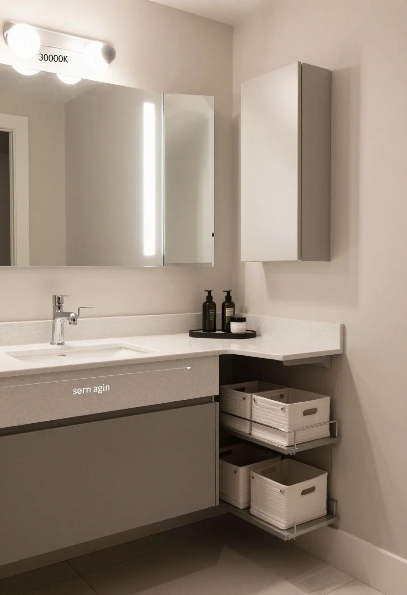Medium sourcing vignette: a compact bathroom corner with labeled elements—narrow floating vanity measured for depth, thin quartz counter, semi-recessed sink, wall-mounted faucet matching hardware, oversize backlit medicine cabinet mirror, single overhead globe at 3000K, and organized storage with drawer inserts, a rail shelf, and baskets keeping essentials within arm’s reach. Neutral, practical lighting.