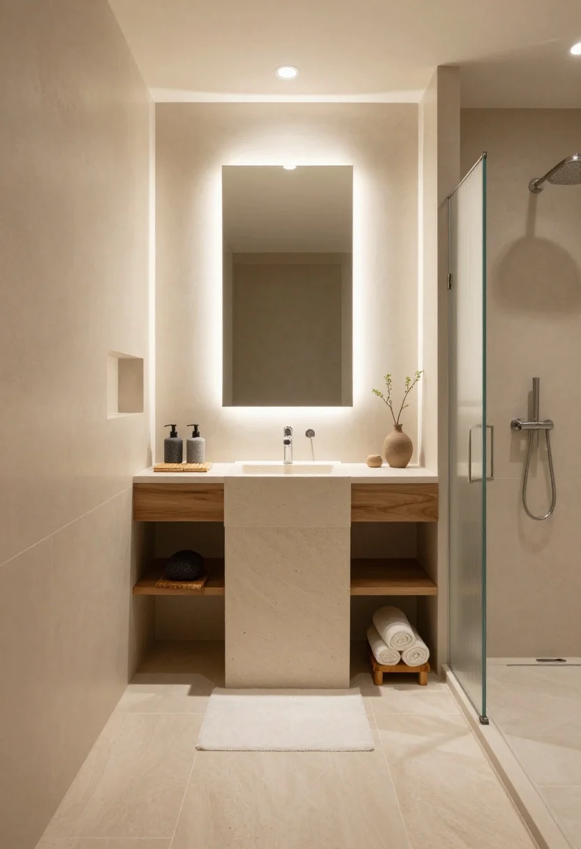 Medium, straight-on composition of “Spa-Calm Stone and Steam”: seamless warm greige microcement walls, wall-mounted walnut vanity with integrated off-white stone composite trough sink. Backlit mirror casting soft halo light, plus a single waterproof downlight illuminating a shower with fluted glass screen. Large-format honed-stone-look porcelain floor with minimal grout lines. Recessed niches with integrated LED strips. Accessories minimal: cedar bath mat, stone pump bottles, charcoal sponge, small wooden stool, a rolled hand towel and single stem in a clay vase. Photorealistic, tranquil spa mood with soft, diffuse lighting.