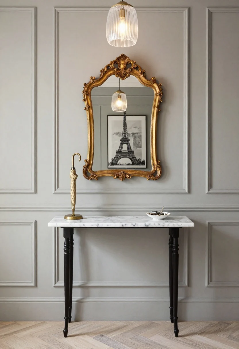 Medium, straight-on Parisian chic hall vignette: soft greige walls with classic panel molding/picture-frame trim, a petite marble console with slender black legs, topped with a petite porcelain dish for keys; above, a gilded vintage mirror with subtle patina; slate-and-cream herringbone runner underfoot; overhead, a small crystal or pleated fabric pendant casting warm, boutique hotel light; accessorize with a brass umbrella stand and black-and-white Paris prints; finishes: antiqued gold, marble, herringbone weave.