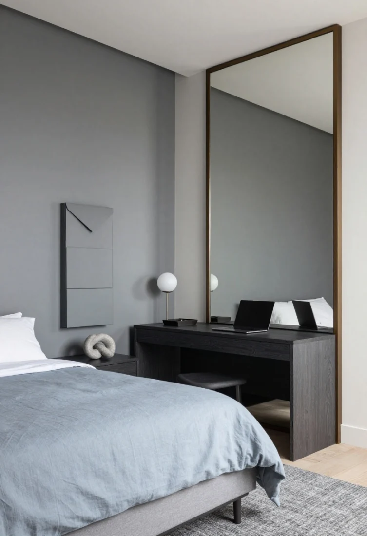 Medium straight-on shot, refined minimalism: A tight room with a floor-to-ceiling tinted bronze mirror running wall-to-wall on the short side, reflecting a low, clean-lined bed dressed in mineral blue-grey linen. Opposite, a “sliver” desk only 12–14 inches deep in dark-stained ash with waterfall sides holds a closed laptop and a small tray. A decorative plug-in pendant with a frosted globe anchors the desk visually, keeping the surface clear. A graphite wool rug grounds the scene. One sculptural accessory—such as a stone knot—sits with intention. Above the bed, a push-latch wall cabinet painted to match the wall hides essentials, keeping the envelope uninterrupted. Palette: mineral blue-grey, dark ash, graphite, tinted bronze, soft white. Cool, restrained, high-end finish, no people.