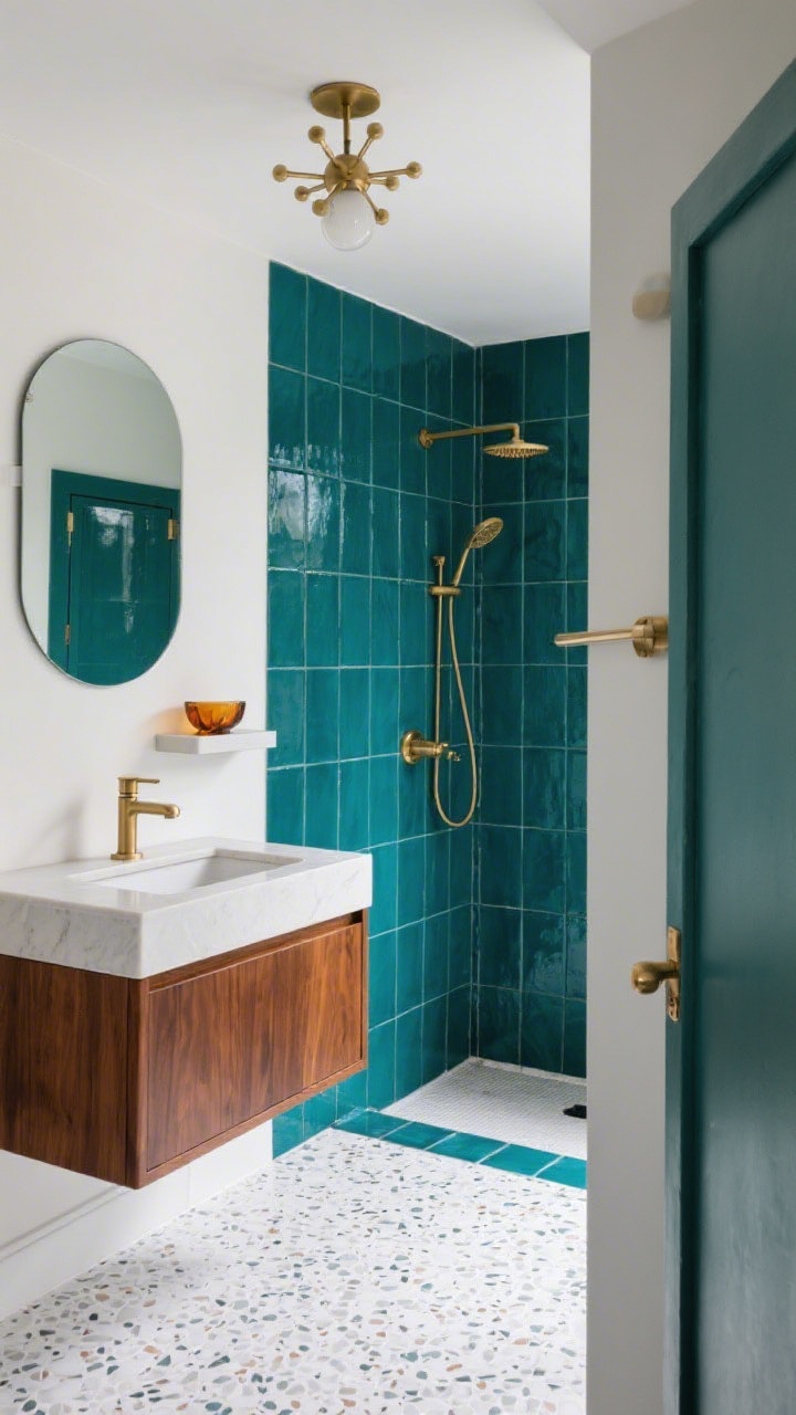 Medium straight-on view of a mid-century jewel box: shower wrapped in deep teal 2x8 tiles laid in a vertical stack; white terrazzo floor and vanity top; wall-hung walnut vanity with clean lines, rounded-corner mirror above; brushed gold taps and a compact sputnik-style ceiling light; pocket door partly visible; slim towel bar and a single floating shelf; retro smoky amber glass soap dish; punchy, polished mood.