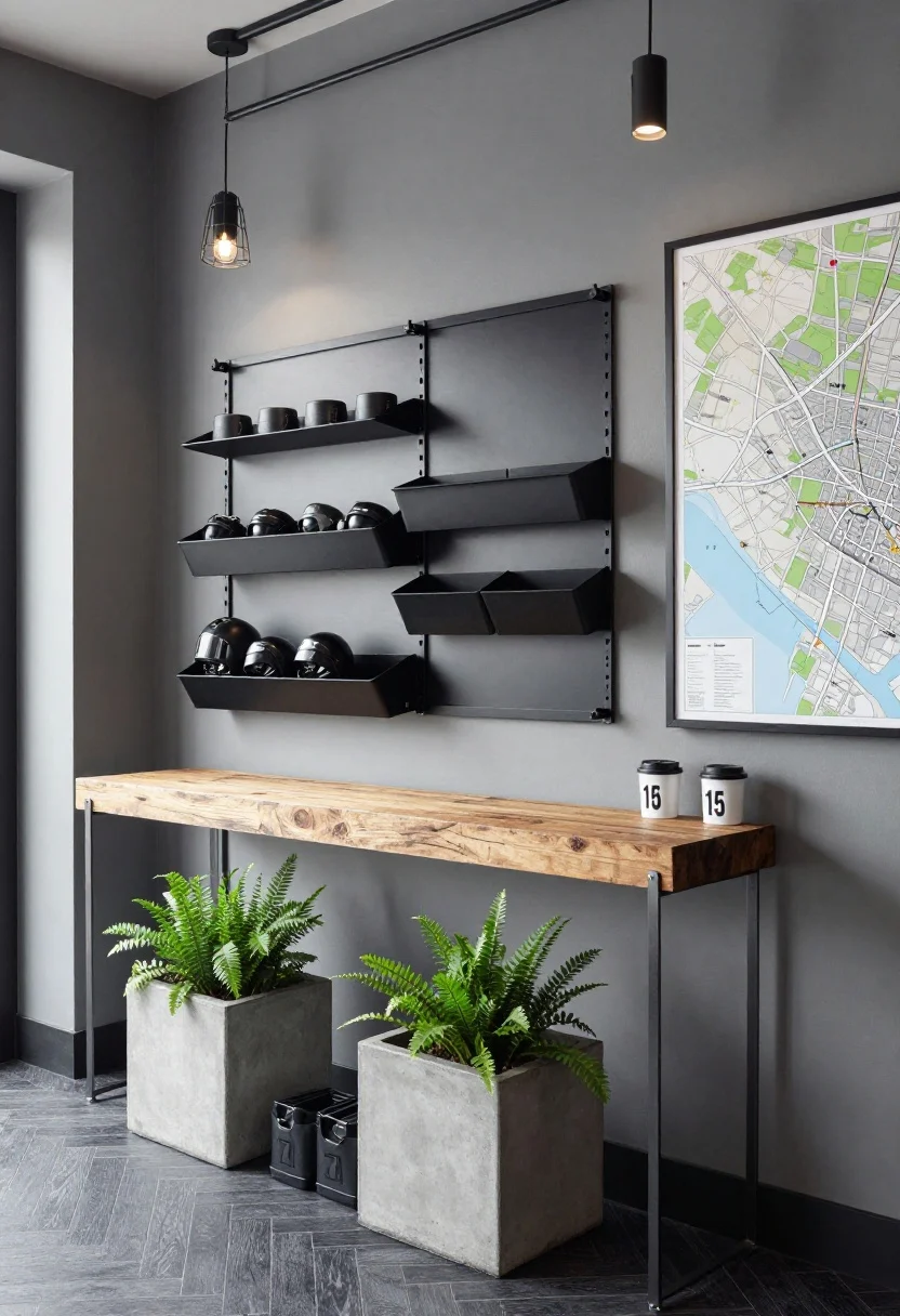 Medium, utilitarian urban industrial view: cool gray walls with a black wall rail system featuring modular hooks, trays, and shelves neatly organizing gear; metal-and-wood console beneath; concrete-look planter with hardy greenery; charcoal herringbone runner underfoot; caged pendant lights or slim linear sconces casting crisp, directional light; black-framed city map and numbered bins for storage; finishes: black steel, reclaimed wood, concrete; smart, loft-like vibe.