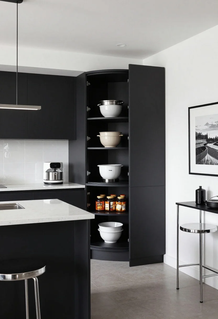 Medium-wide, Contemporary Black-and-White L-shape: matte black lower cabinets, white uppers, waterfall quartz countertop; open corner cabinet with a full-round carousel pulled out displaying mixing bowls and a compact appliance; adjacent tall pull-out larders extended to show organized breakfast and snack items; black framed artwork, chrome bar stools, linear pendant above; glossy white double-stacked backsplash reflecting light; minimal, high-contrast lighting.