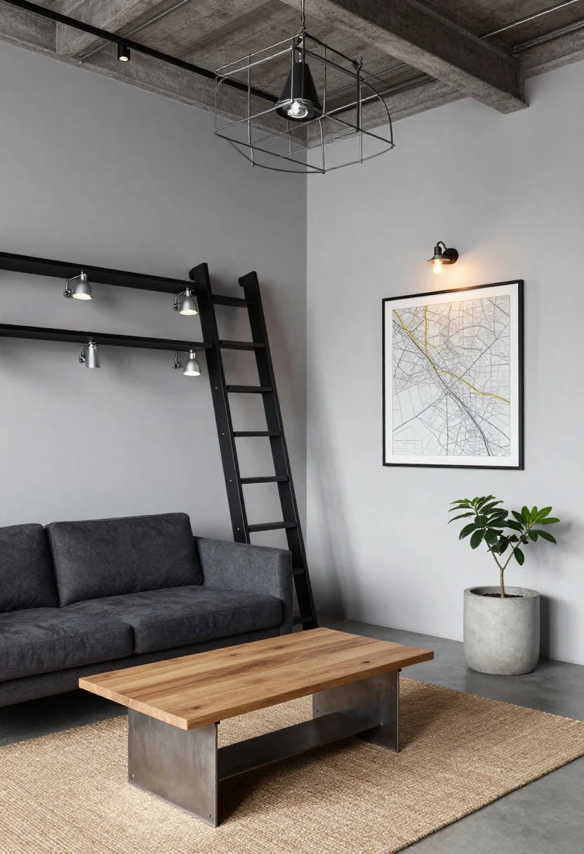 Medium-wide, industrial loft glow in a box: soft gray walls, charcoal loveseat, metal-and-oak coffee table, black ladder shelf with vertical storage, concrete-look planter; caged metal semi-flush ceiling fixture provides crisp overhead light; adjustable metal clamp lamps attached to the ladder shelf throw focused task beams; a single dimmable bare-bulb sconce mounted above a framed map adds studio vibe; jute rug warms the scene; corner angle; clean, graphic contrasts.