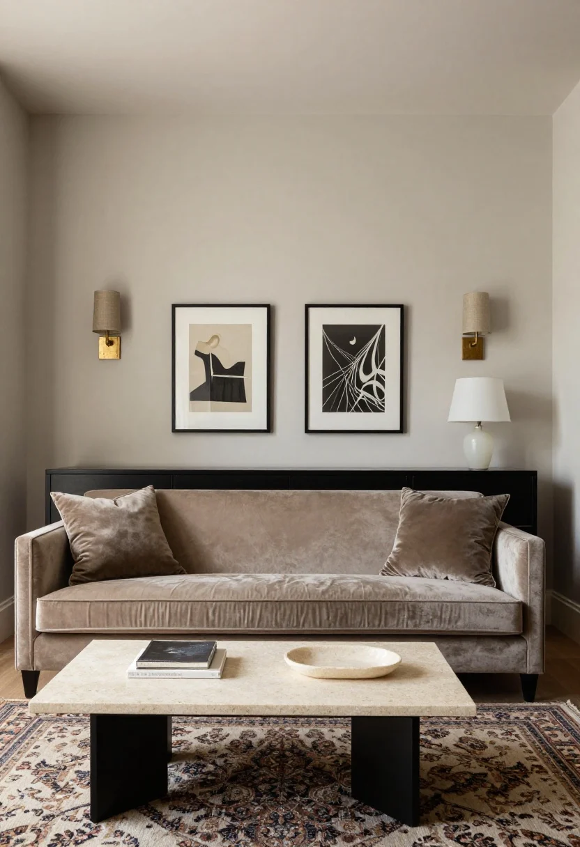 Medium-wide, luxe art-led gallery nook: warm greige walls, slender tuxedo-arm loveseat in taupe velvet, narrow black credenza topped with a limestone-look tray; mini gallery wall with a symmetrical row of slim picture lights illuminating artwork; two linen-shaded wall sconces with aged brass backplates framing seating; a small alabaster table lamp on the credenza emitting milky glow; low-pile Persian-style rug underfoot; curated, expensive feel; straight-on view; photorealistic textures.