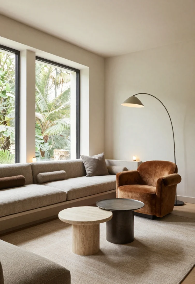 Medium-wide perimeter concept: Doors and openings ring the space while a continuous low ledge beneath windows forms perimeter seating with tailored linen-blend cushions and lumbar bolsters; inside, a compact sculptural sofa and a single artisanal armchair create an intimate center; trio of small tables—stone, wood, and metal—distributed so surfaces are always within reach; a statement floor lamp with an arcing silhouette overhead; mini accent lamps dotted along the ledge like jewel-box moments; palette of limestone, sable, moss, and aged bronze; velvet and boucle textures layered; refined, calm middle ground.