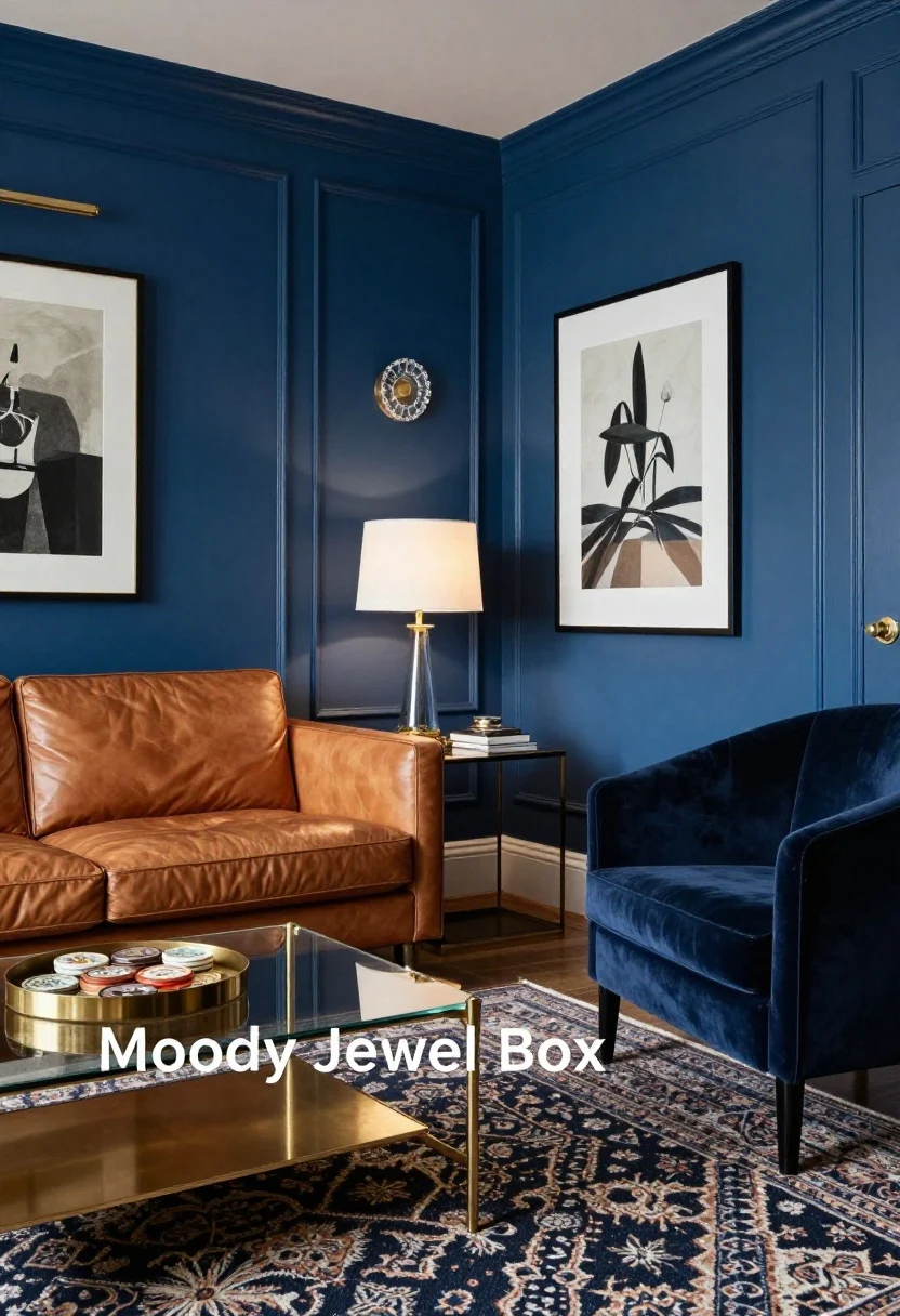 Medium-wide shot, enveloping angle: “Moody Jewel Box” living room with saturated ink-blue walls and trim. A camel leather sofa pairs with a brass-legged glass coffee table and a velvet accent chair in a tonal deep hue. Layered lighting glows: smoked-glass table lamp, picture lights over framed art, and a small crystal flush mount. A patterned dark-base rug grounds the room. Include a lacquered tray with vintage coasters on the table. Cocooned, opulent atmosphere.