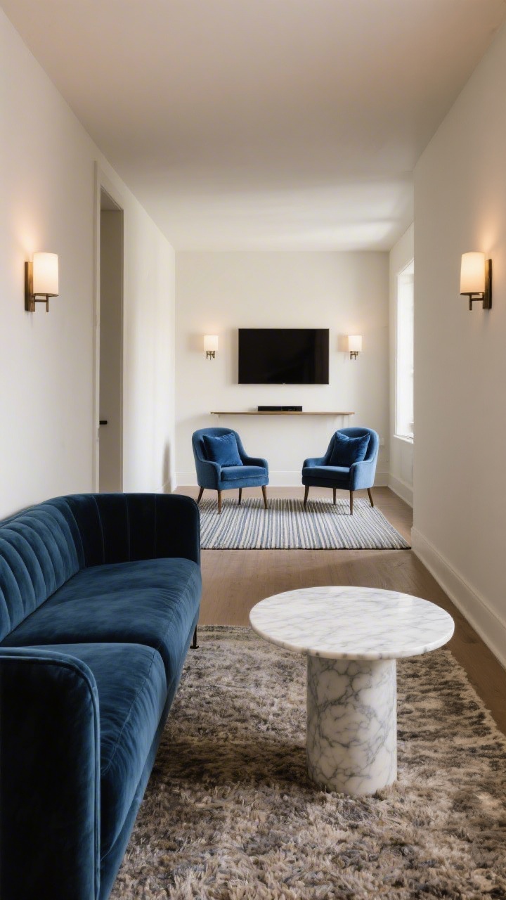 Medium-wide shot from a corner angle: A long narrow room divided into two zones—foreground features a tight-back velvet loveseat and a round marble pedestal table for coffee chats on a nubby wool rug; background zone shows a pair of slipper chairs facing a wall-mounted TV on a slim media shelf over a flatweave striped rug; matching sconces on both ends and ink blue pillows repeating in both areas; balanced warm lighting.
