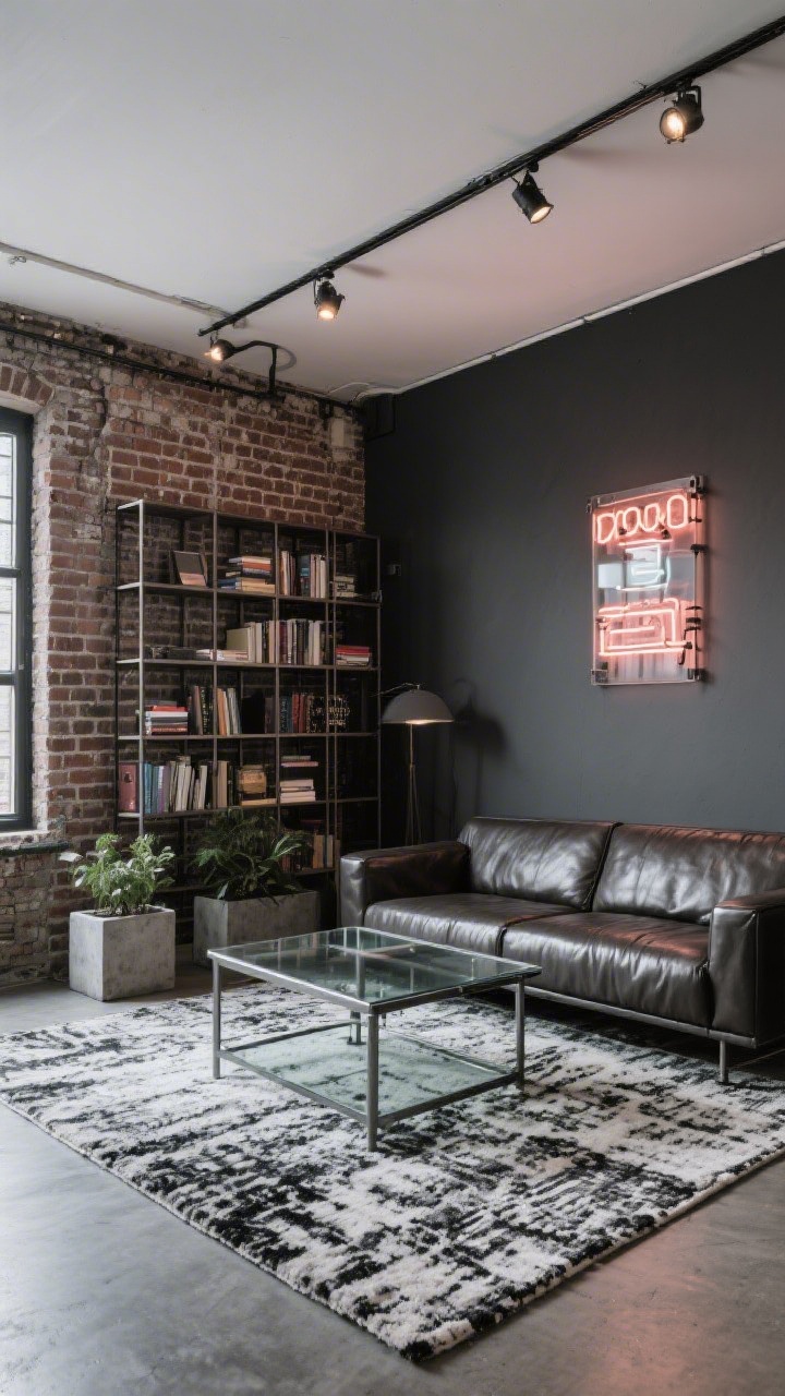 Medium-wide shot from mid-room: Urban loft with exposed brick (or realistic brick wallpaper), a ceiling track light running the length for gallery vibes; low leather sofa and a steel-framed glass coffee table; mid-room grid bookshelf acting as a semi-partition; far short wall painted charcoal to visually pull it closer; concrete planters, monochrome rug, and a neon sign art piece adding punch; cool, industrial lighting.