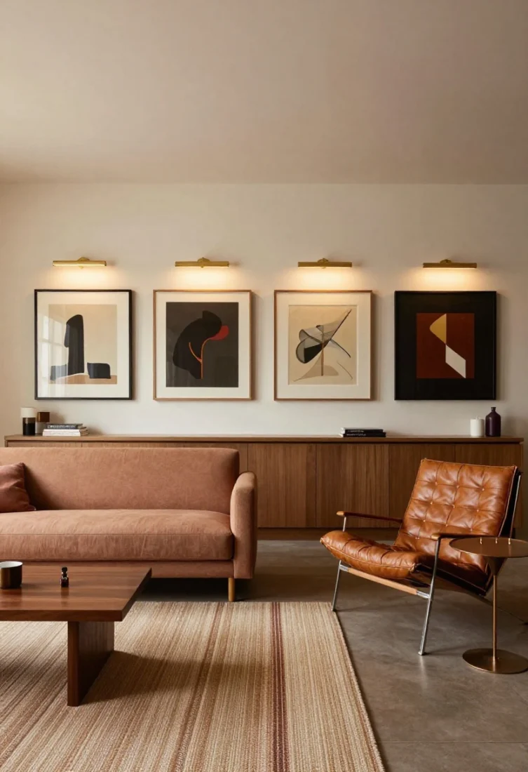 Medium-wide shot from the long side: A “gallery spine” along one long wall with a slimline console and a rhythmic grid of large-format artworks above, each lit by brass picture lights on dimmers; opposite, two functional zones—main conversation with a deep, low-profile, tightly tailored sectional and petite swivel chairs, plus a secondary reading nook with a leather sling chair and bronze martini table; a narrow hand-knotted runner with subtle stripe threads both zones; palette of warm neutrals with terracotta and oxblood hits; confident, premium styling with curated objects on the console; soft evening atmosphere.