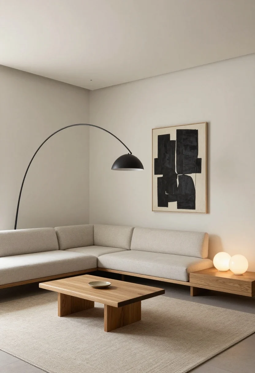 Medium-wide shot, sculptural minimalist layers: pale greige walls, a low modular sofa, long oak bench replacing a coffee table, hidden storage and flush drapery tracks; an abstract black-and-ivory art piece over the sofa; lighting in three tiers—an ultra-thin LED ceiling panel for even cloudlike wash, a matte-black sculptural arc floor lamp arching over seating, and two opalescent glass orb lamps on the media unit emitting soft ambient glow; tonal wool flatweave rug; gallery-serene mood; corner angle; clean lines, no clutter, photorealistic.