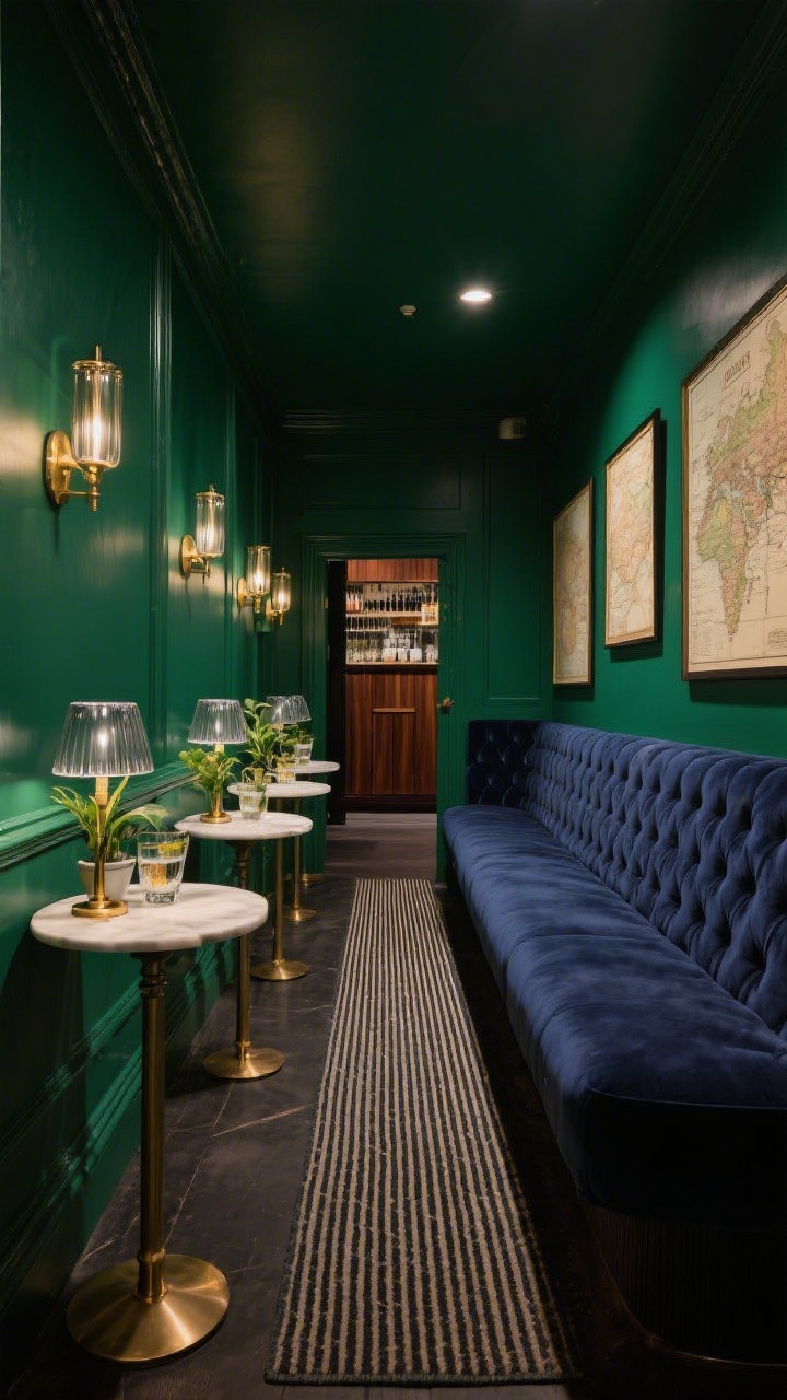 Medium-wide straight-on: Moody club car vibe in a long narrow room painted bottle green (or inky navy) with a tufted velvet banquette running one side; opposite, a row of pedestal side tables serving as drink stands and plant perches; brass picture lights illuminating framed vintage maps; a slim walnut bar cabinet near the entry end; striped runner rug elongating the path; smoked glass lamps casting a sultry lounge glow.