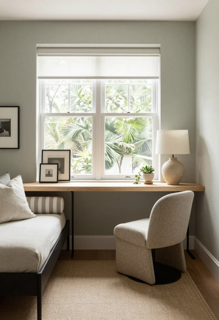 Medium-wide straight-on view: A window-focused tiny bedroom with a wall-to-wall custom daybed under a large picture window, dressed in structured performance-linen cushions with a striped lumbar. Opposite runs a shallow wall-to-wall workbench aligned to the sill, pale oak top with eased edges on slim blackened-steel brackets, floor kept open beneath. Above the desk: shaker-front cabinets with a 10-inch reveal forming a gallery ledge where framed artwork leans casually. An armless swivel chair upholstered in tweedy oatmeal sits at the desk; a ceramic table lamp rests on a micro-slim pedestal shelf. A nubby oatmeal flatweave rug grounds the space, with a petite footed cachepot and trailing greenery animating the horizon line. Palette: pale oak, oatmeal, chalk white, blackened steel, sage green. Daylight-filled, quiet-luxe mood, immaculate styling, no people.