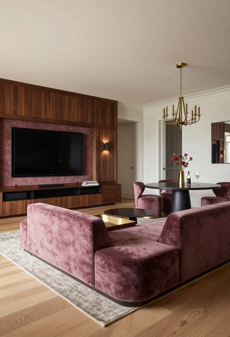 Medium-wide zoning view: A double-duty media and entertaining den with a TV on a paneled wall featuring integrated fluted millwork and concealed speakers behind acoustic fabric; opposite, a modular bench-seat sectional with a long upholstered ottoman topped by a large lacquer tray for serving; behind the sectional, a slender console with two demi-lune stools tucked beneath; off to one side, a round pedestal table with two tub chairs forming a wine-and-cards corner; palette of espresso wood, sable velvet, brass, and dusty plum accents; wide-plank oak floors and a plush tonal-patterned rug; dimmable sconces flanking the TV and a statement chandelier above the pedestal table; premium, cinematic mood.