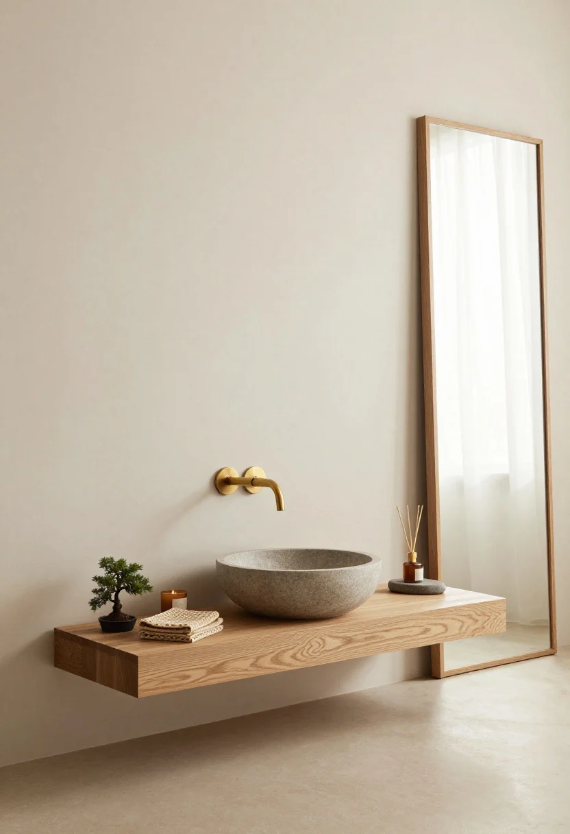 Minimalist detail shot: a thin oak floating shelf holding a round stone basin with a wall-mounted brushed brass faucet above. Warm putty walls and beige microcement floors create a serene palette. A tall rectangular frameless mirror rises to the ceiling, reflecting light. Accessories pared back: a single tea candle, a folded waffle towel, a low bonsai, and a stone soap dish with reed diffuser nearby. Gentle, natural light with soft shadows.