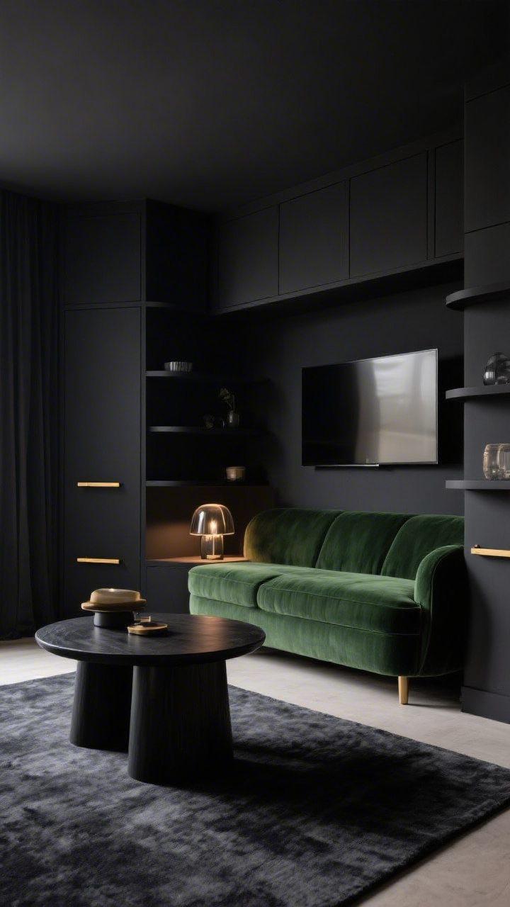 Moody medium shot, Deep Charcoal Cocoon With Built-In Nook: deep charcoal TV wall with floating box shelves wrapping around to mimic built-ins, TV visually recedes; compact forest green velvet loveseat, round black wood coffee table, brass pulls on shelves, smoked-glass table lamp casting a warm glow; low-pile dark gray rug unifying the floor, low ambient lighting for a cocooned feel.