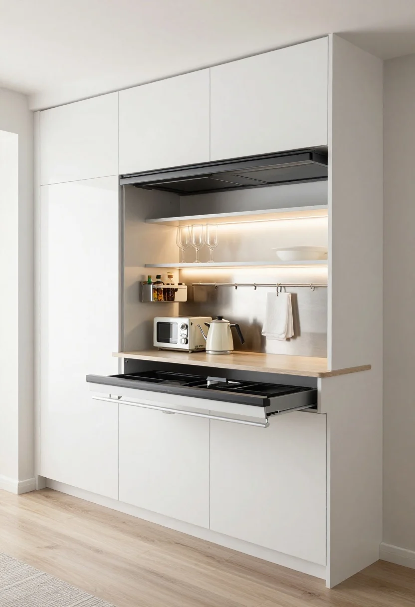 Narrow Smart Micro-Galley wide shot: one wall of high-gloss white cabinetry with an appliance garage open—lift-up door revealing toaster, blender, and kettle on a pull-out tray; opposite wall with a fold-down table deployed as a compact prep station; two-level uppers (daily items low, rarely used up high), under-cabinet LED strips, slim under-shelf wine glass rack, and a rail with clip-on baskets for spices and towels; stainless splashback, micro profile handles; palette gloss white, stainless, charcoal, light maple; bright, efficient, tech-forward feel.