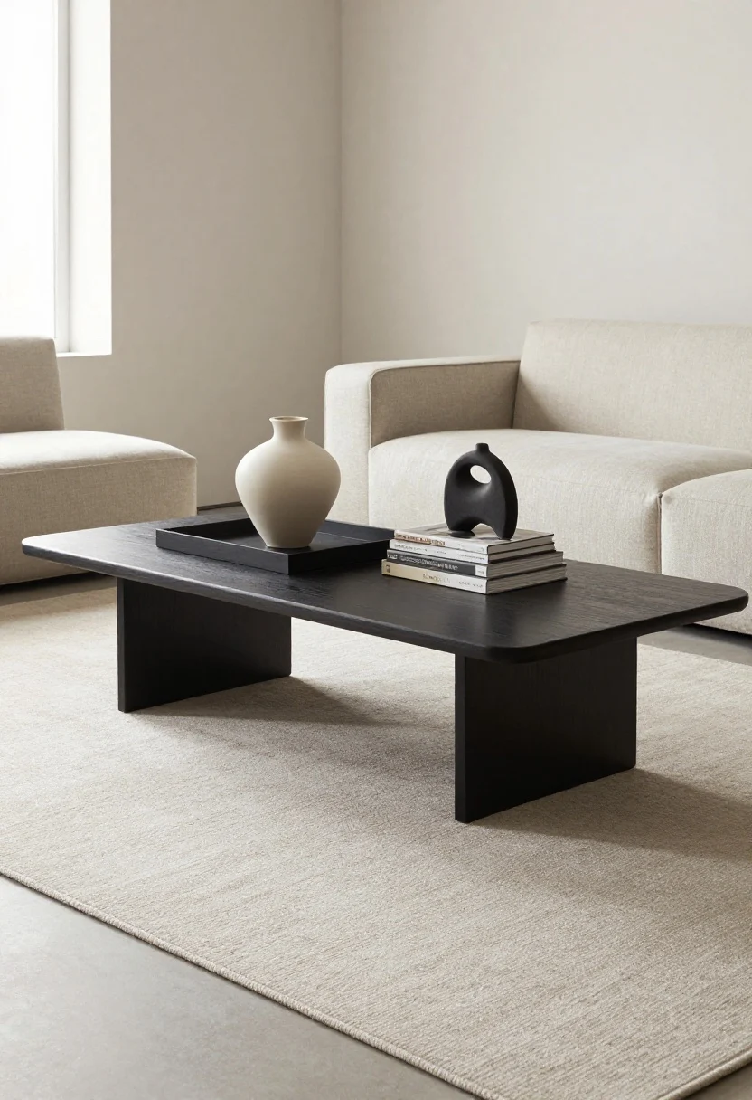 Overhead coffee table vignette: A large rug extending under the front legs of seating, furniture floated slightly off the wall creating subtle shadow lines; a single tray with a matte ceramic vase, one stack of art books, and one sculptural object; mirror placed to catch window light at the edge of frame; edited surfaces, photorealistic.