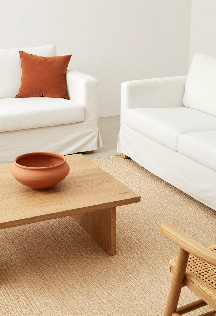 Overhead detail: Chalky white backdrop with a sand-colored flatweave rug under a light oak coffee table; a terracotta ceramic planter and a terracotta lumbar pillow add sunbaked warmth; the edge of a white slipcovered loveseat and a rattan accent chair visible; bright Mediterranean-like daylight, airy and light, photorealistic.