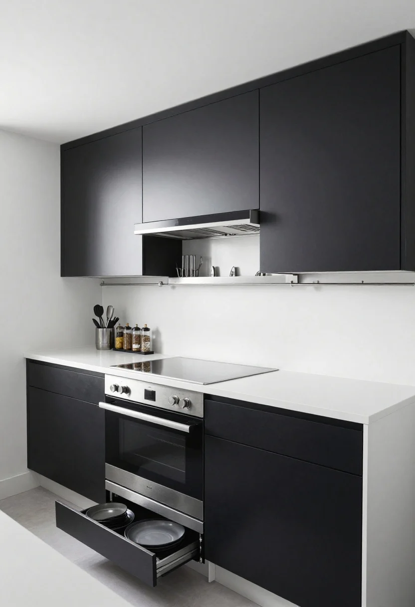 Overhead detail, High-Contrast Micro Chef’s Line: top-down view of a compact workstation featuring white thin-profile quartz counters contrasting matte black lower cabinets and brilliant white uppers at the edge of frame; stainless ledge backsplash lined with neatly arranged utensils and spice tins; 24-inch slide-in range, narrow pull-out pantry slightly open, toe-kick drawers cracked to reveal flat pans; wall-mounted fold-down prep board extended; ceiling pot rack above sink line hinted by shadows; triple rail of adjustable spots casting focused highlights; crisp black-white-stainless palette, photorealistic.